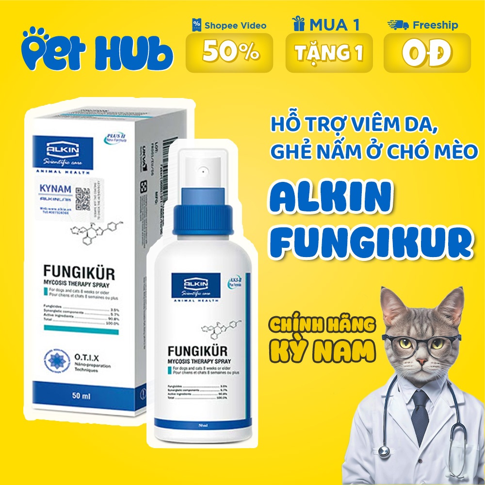 [Chính hãng Kỳ Nam] Chai Xịt Alkin Funikur Hỗ Trợ Viêm Da Ghẻ Nấm Cho Chó Mèo 50ml