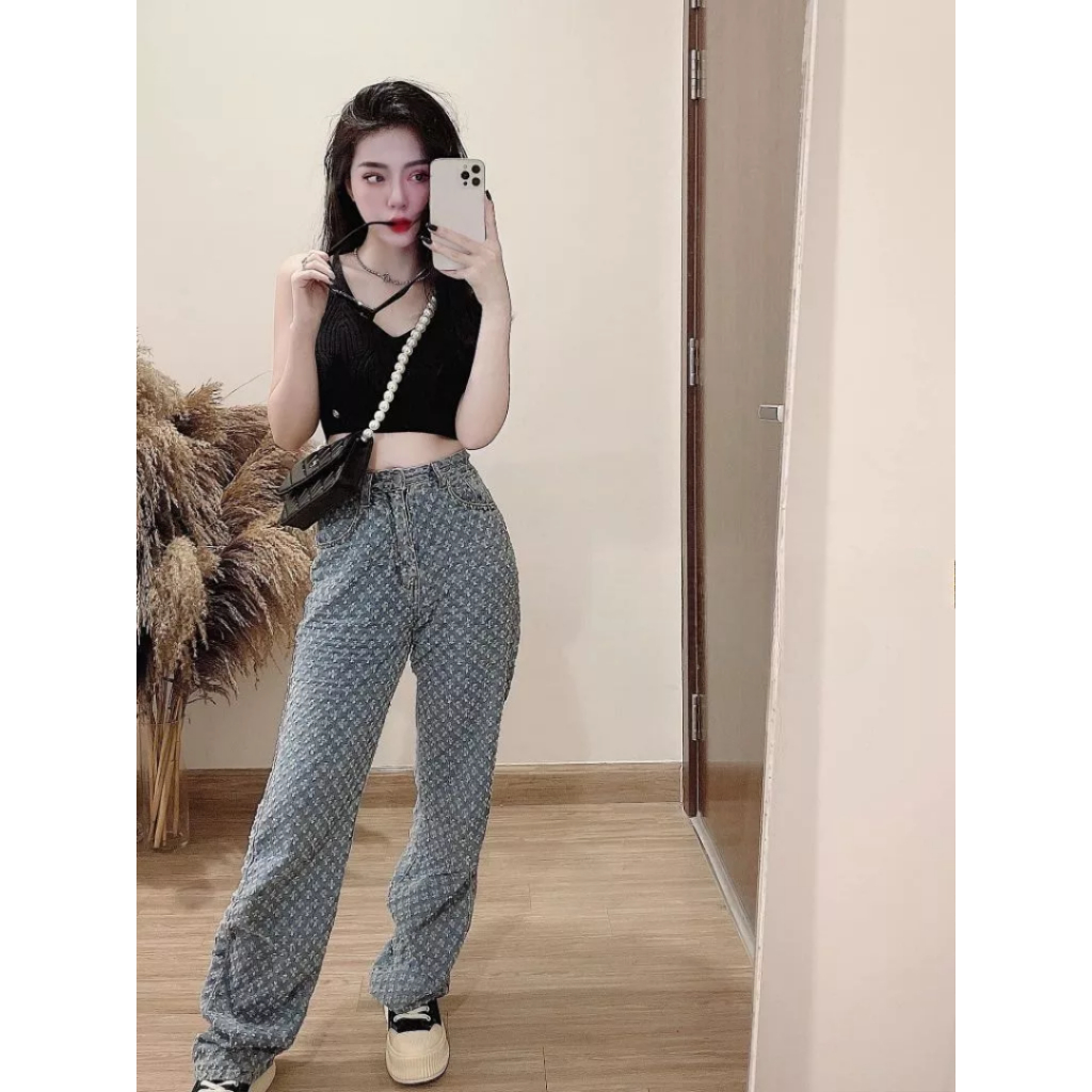 quần jeans ống rộng thêu nổi hàng Quảng châu