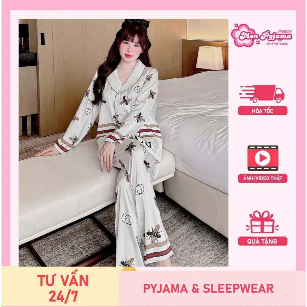 Đồ ngủ lụa lạnh cao cấp, đồ bộ nữ đồ mặc nhà, đồ ngủ nút bọc, pijama mặc nhà họa tiết tiểu thư [380]
