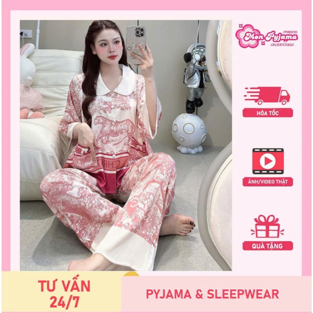 Đồ bộ mặc nhà nữ dễ thương,đồ ngủ lụa cao cấp tiểu thư,pijama cổ sen nút đính kim mịn mát hotrend[4]