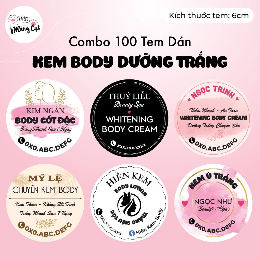 Combo 100 Tem Dán 6cm Hủ Kem Dưỡng Body Theo Yêu Cầu