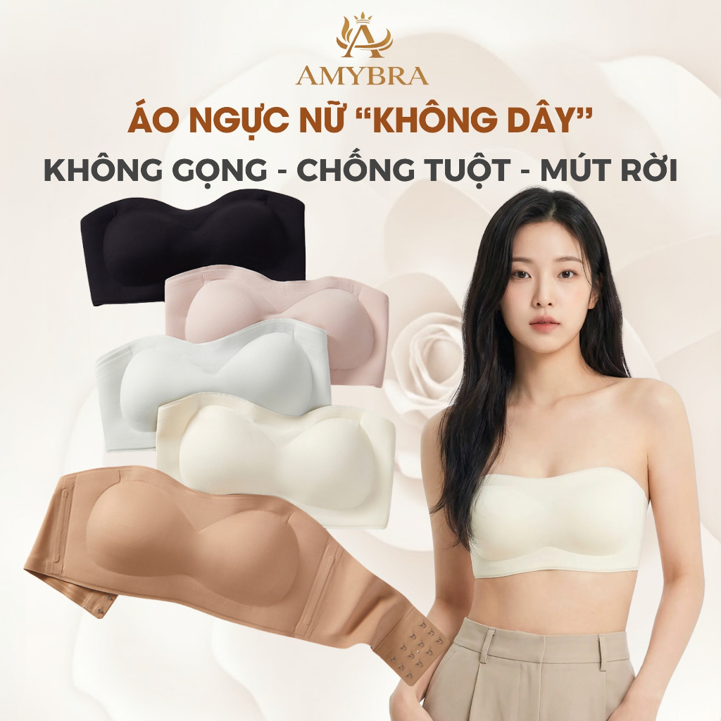 Áo Ngực Không Dây Viền Silicone Chống Tuột, Áo Quây Ngang Không Gọng Mút Mỏng Ôm Ngực AMYBRA A2382