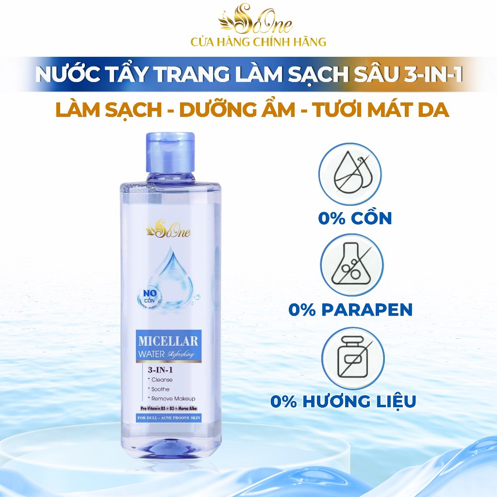 Nước Tẩy Trang SoOne Làm Sạch Tươi Mát Da,Không Cồn,Parapen,Hương Liệu Micellar Water Xanh Nhạt390ml