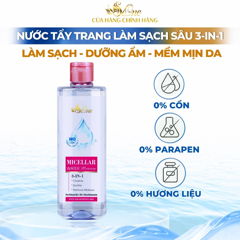 Nước Tẩy Trang SoOne Làm sạch Mềm Mịn Da, Không Cồn,Parapen,Hương Liệu Micellar Water Nắp Hồng 390ml