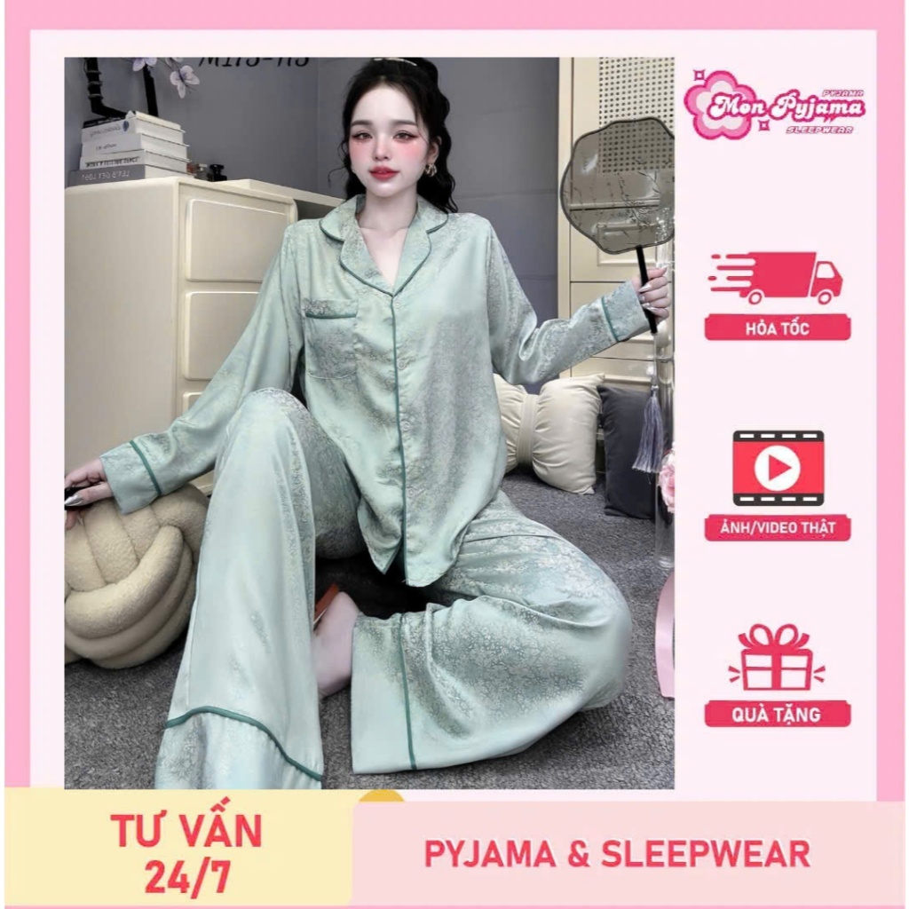 Đồ bộ ngủ nữ tiểu thư, set đồ mặc nhà, đồ ngủ lụa latin cao cấp, dài tay họa tiết hoa dễ thương [63]