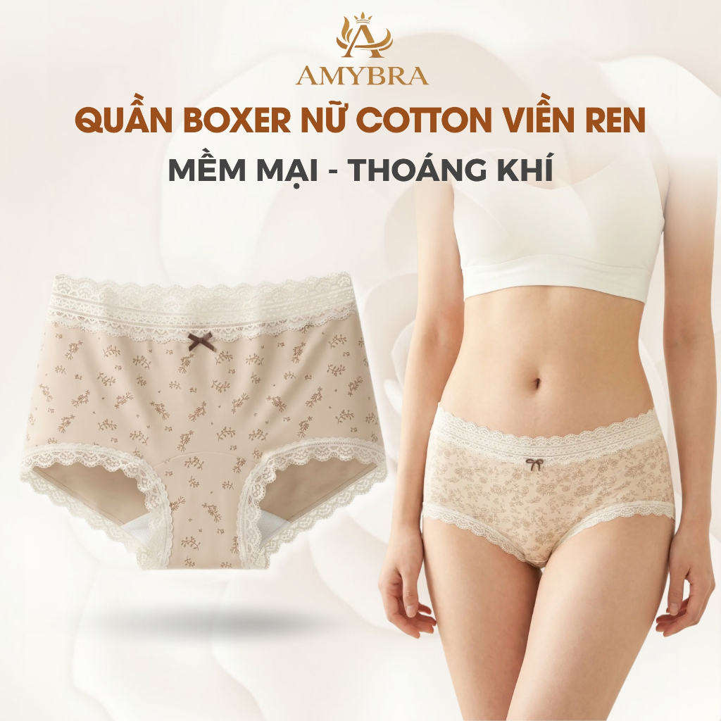 [ BST 2026 ] Quần Lót Nữ AMYBRA Phối Ren Dáng Đùi Ôm Mông, Quần Boxer Nữ Cotton Mềm Thoáng Khí L5918