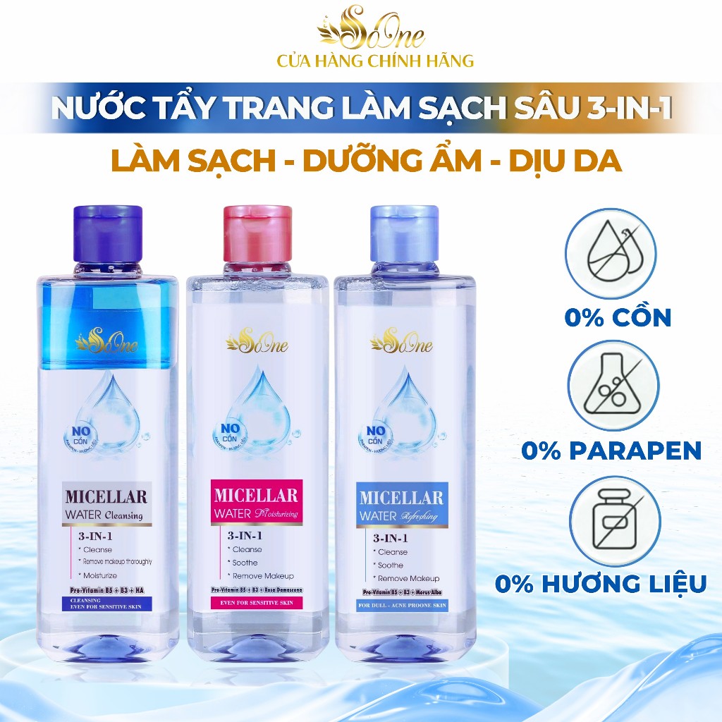 Combo 3 Chai Nước Tẩy Trang SoOne Làm Sạch, Dịu Da, Không Cồn, Parapen, Hương Liệu