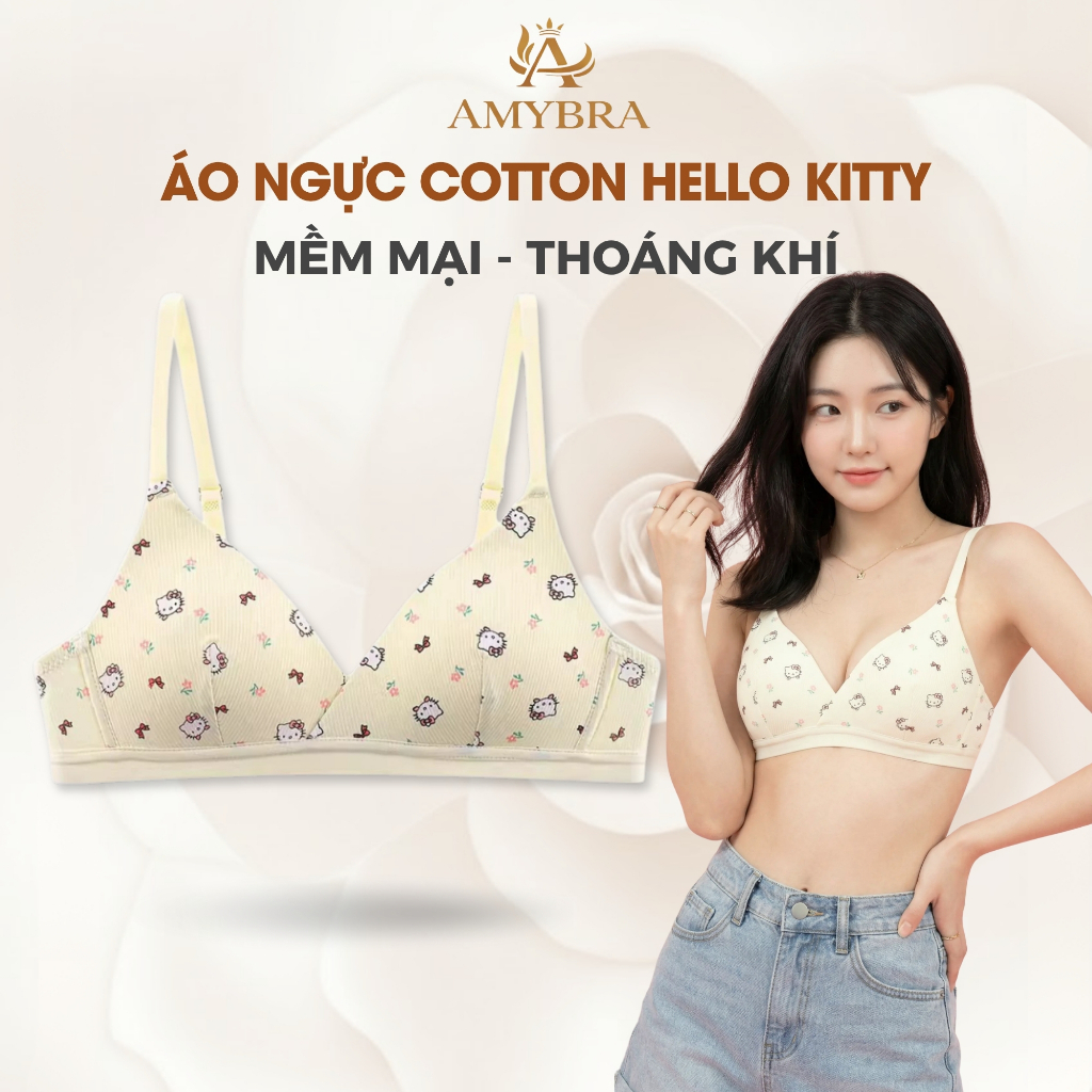 Áo Ngực Nữ AMYBRA Cotton Gân Tăm Không Gọng Mềm, Áo Lót Học Sinh Họa Tiết Hello Kitty Đáng Yêu A224
