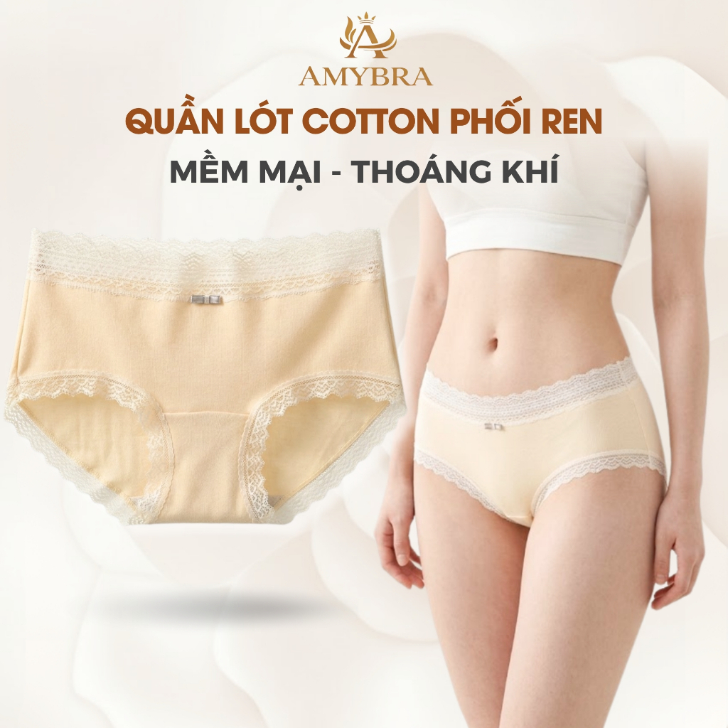 Quần Lót Cotton Nữ Phối Ren Mềm Mịn Kháng Khuấn, Quần Chip Nữ Đáy May Thoáng Khí AMYBRA L5509
