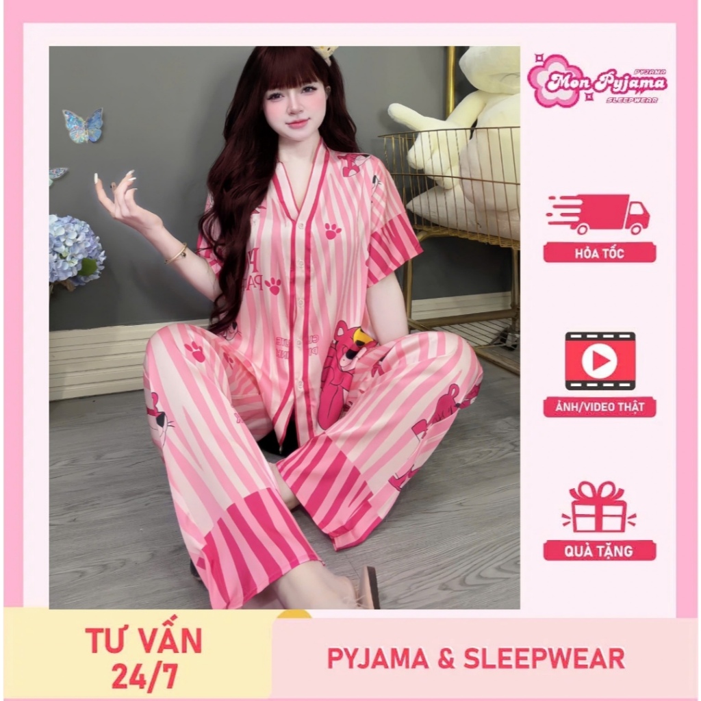 Đồ bộ mặc nhà nữ dễ thương,đồ ngủ lụa cao cấp tiểu thư,pijama cổ Y nút đính kim mịn mát hotrend[100]