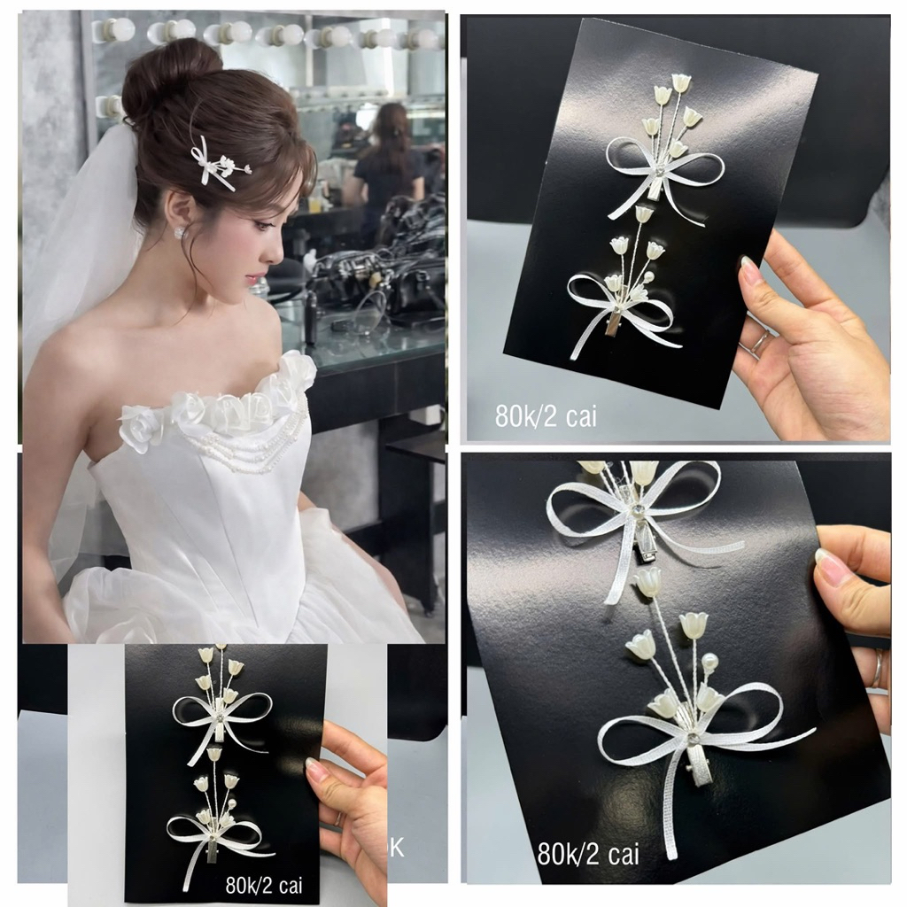 Kẹp nơ cài tóc + voan nơ tiệc cưới đi bàn