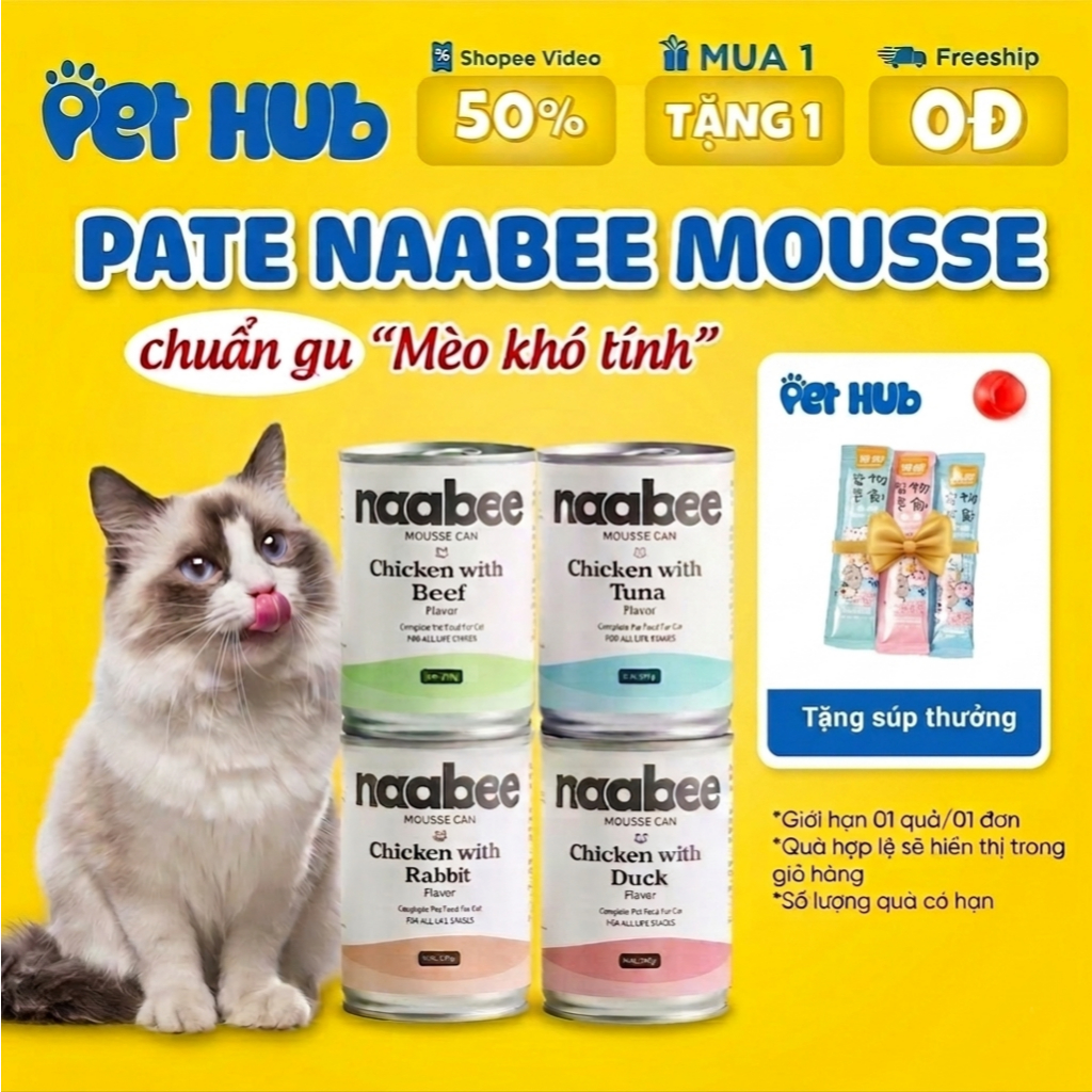 Combo 10 & 5 Lon Naabee Pate Mèo Dạng Mousse | Dễ ăn, dễ tiêu hóa | Cho mèo mọi độ tuổi