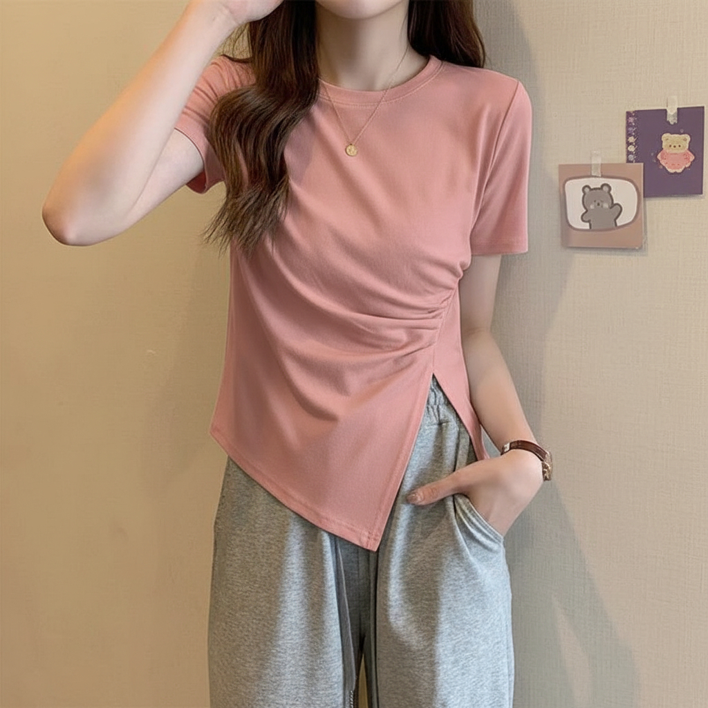 áo thun nữ vạt chéo rúm xẻ sườn cộc tay cổ tròn hàng đẹp