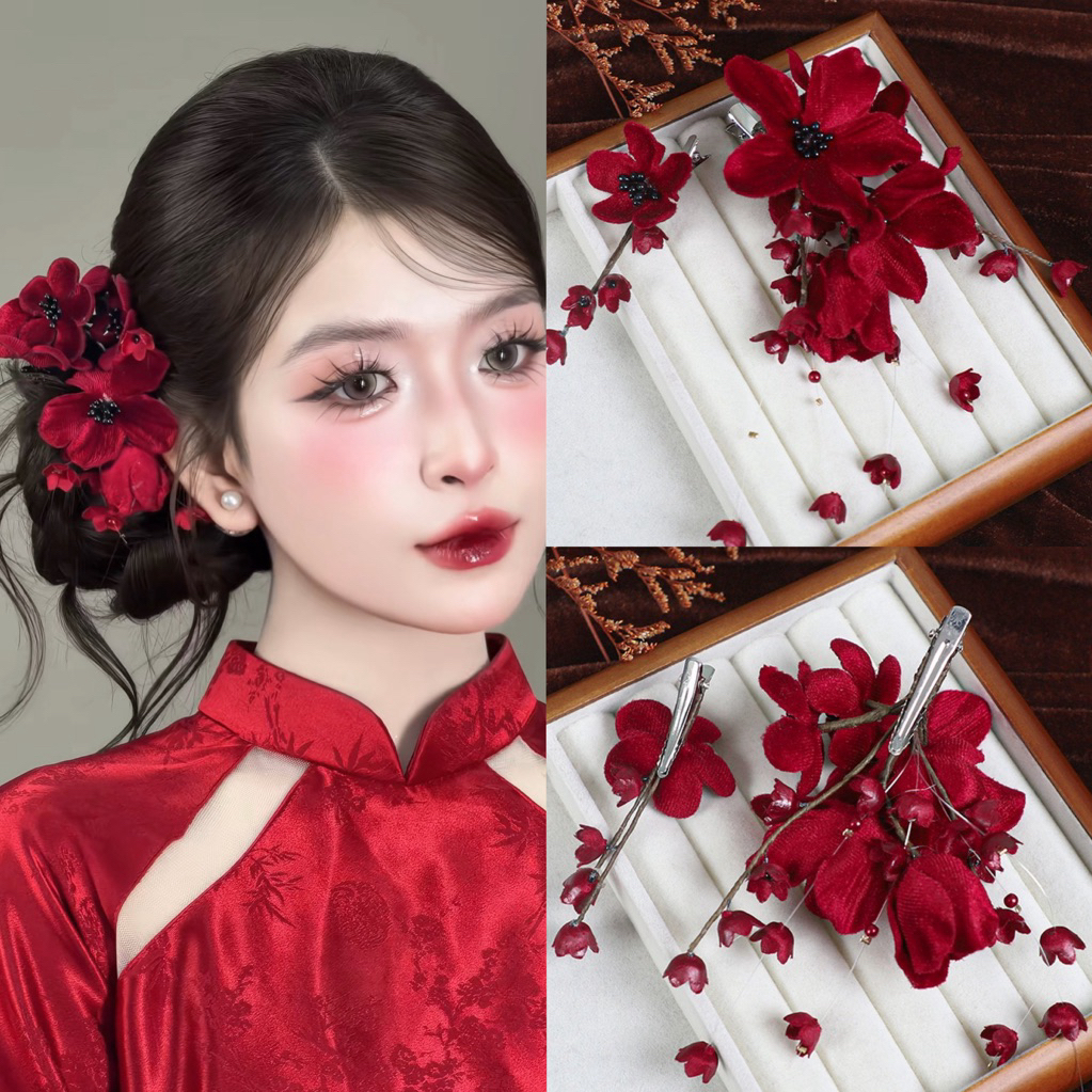 Set gồm 2 chiếc hoa cài tóc đỏ
