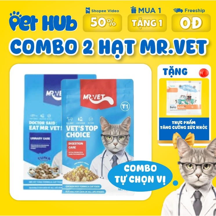 Combo 2 Gói Hạt MR VET Holistic 1kg Cho Mèo Với 30% Protein Kèm Topping Túi 1kg