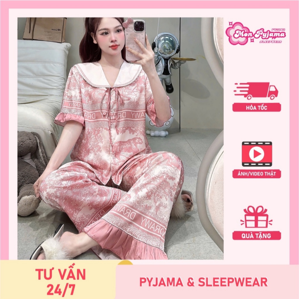 Đồ ngủ lụa lạnh cao cấp,đồ bộ nữ đồ mặc nhà,đồ ngủ dễ thương tiểu thư,pijama mát họa tiết cute [19]