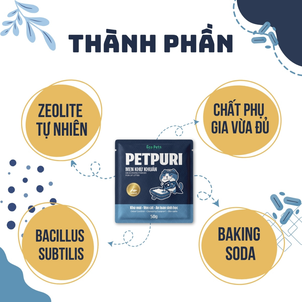 Men Khử Khuẩn Khử Mùi Hôi Cát Mèo Bioline BS1, Men Khử Khuẩn Cát Mèo PetPuri Gói 50g