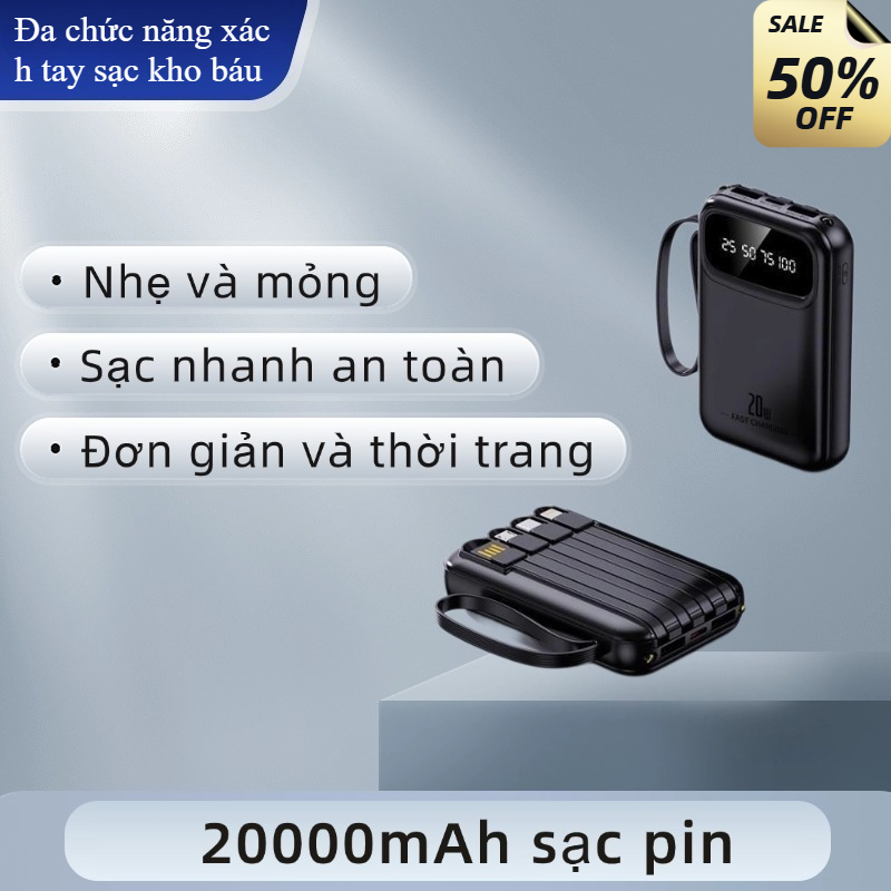 Pin dự phòng 20000mAh siêu nhanh, siêu mỏng, dung lượng lớn với 4 dây sạc nhanh tích hợp