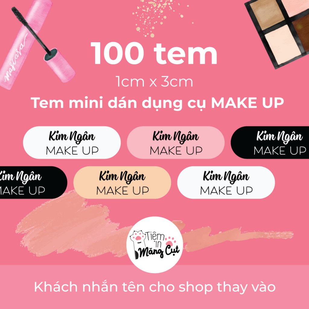 100 Sticker Tem Dán Đồ Make Up Tên Theo Yêu Cầu Có Chống Nước (3cm x 1cm)