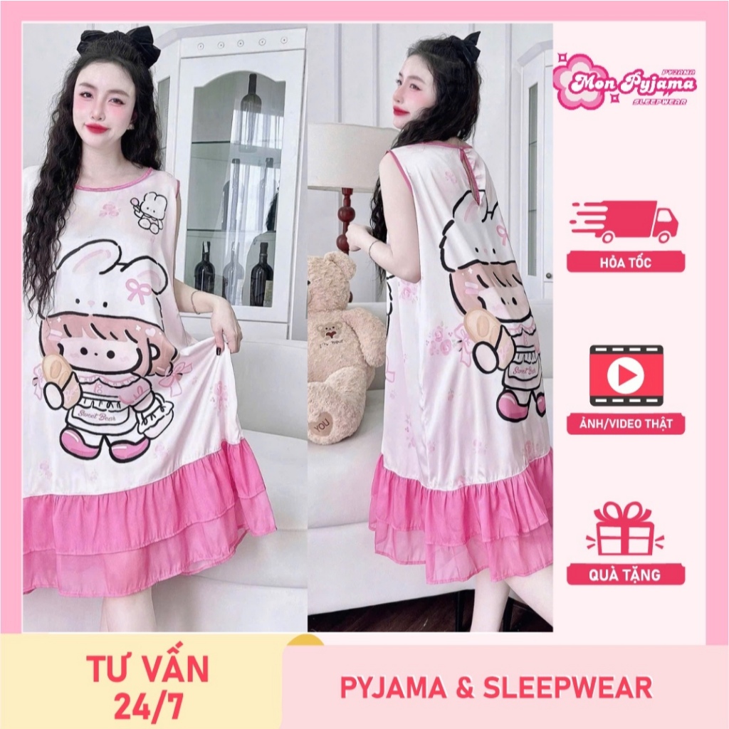 Đầm mặc nhà dễ thương,váy ngủ lụa dài đáng yêu,đồ ngủ lụa latin mát cao cấp họa tiết dễ thương [86]
