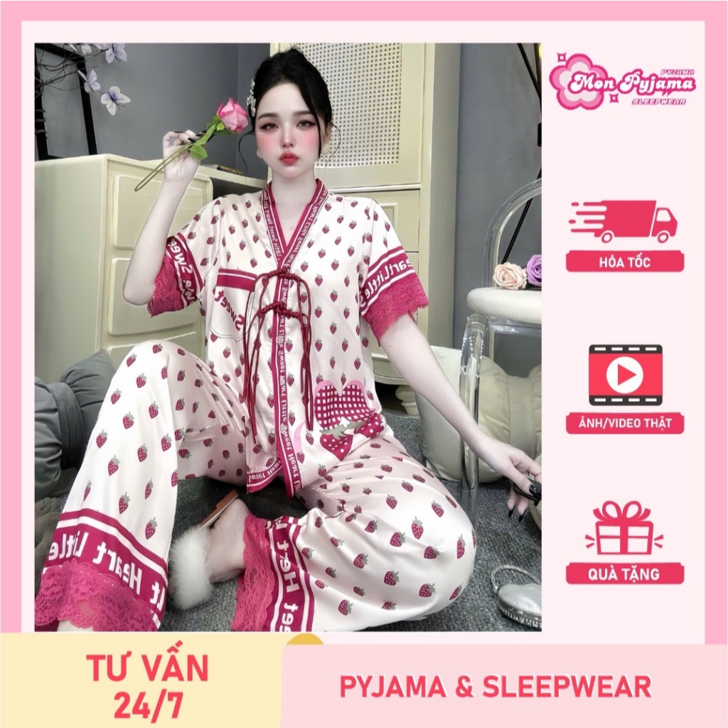 Đồ ngủ dễ thương,đồ bộ nữ đồ mặc nhà,set đồ nữ cổ Y nút thắt lụa mịn mát họa tiết cute hottrend[210]