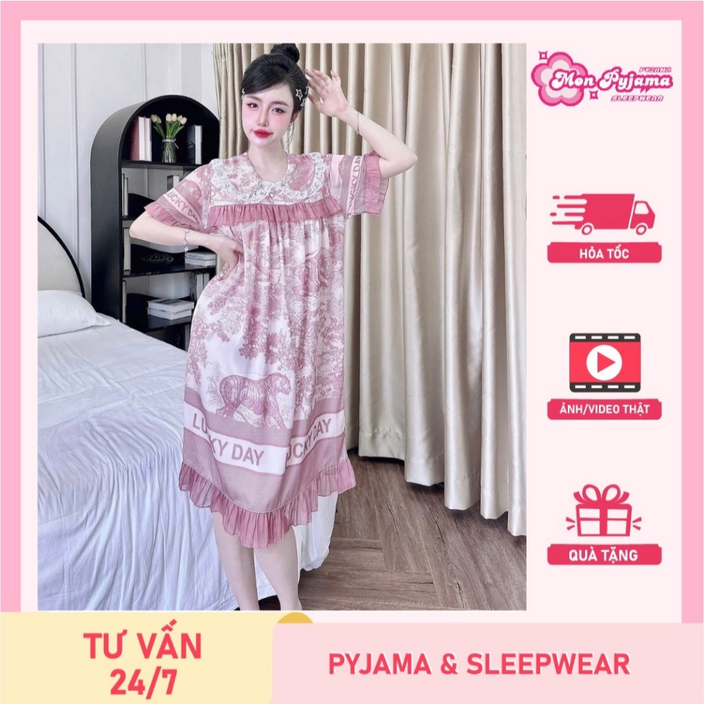 Đồ ngủ nữ,đầm váy ngủ nữ lụa  freesize<75kg mềm mịn mát thiết kế cổ sen viền ren họa tiết cute [240]
