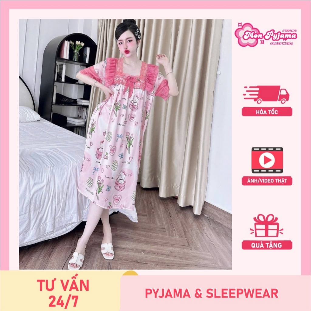Đầm lụa ngủ, váy ngủ đẹp,đầm ngủ dễ thương,đồ ngủ lụa lạnh cao cấp cho nữ mát họa tiết sang cute[72]