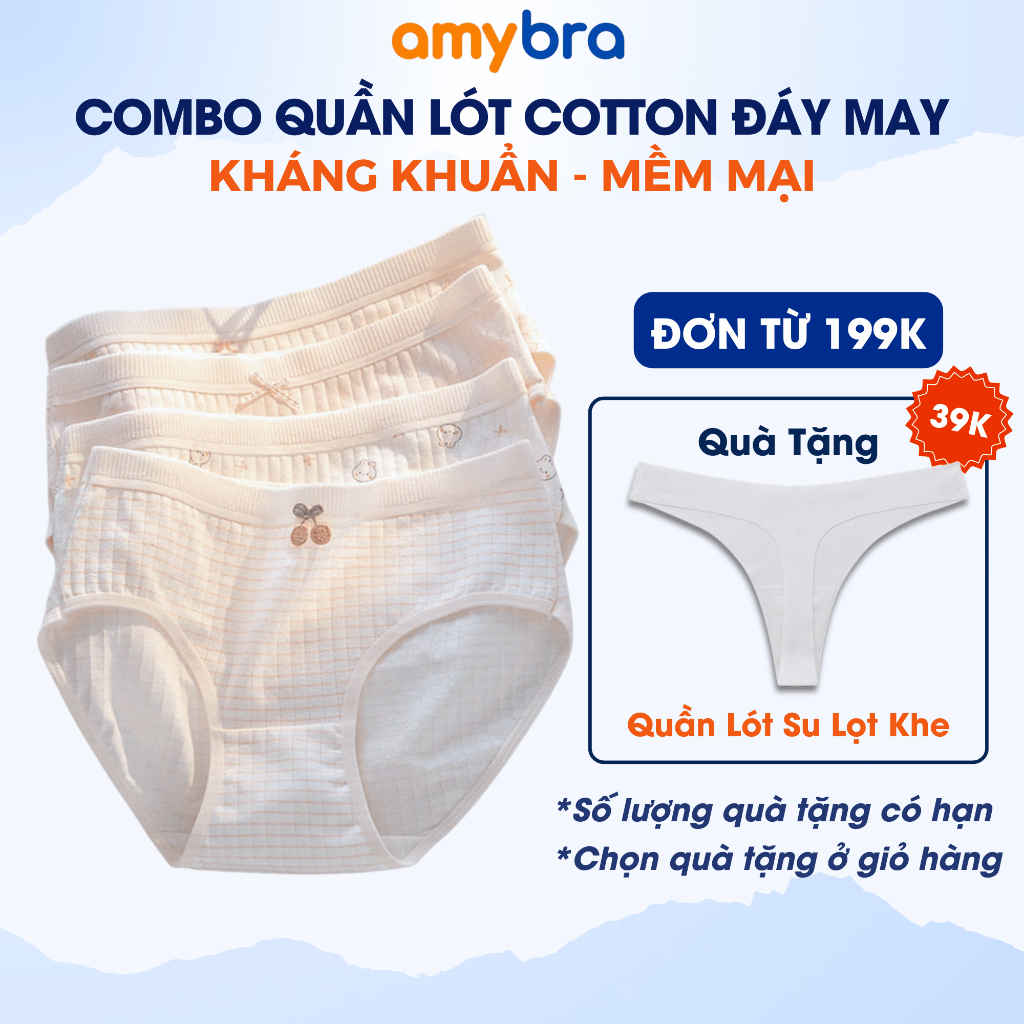 Quần Lót Nữ Cotton Đáy May Kháng Khuẩn Thoáng Khí, Quần Chíp Nữ Họa Tiết Dễ Thương AMYBRA L566