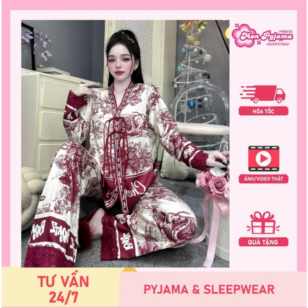 Đồ ngủ dễ thương,đồ bộ nữ đồ mặc nhà,set đồ nữ cổ Y nút thắt lụa mềm mịn mát dài tay hottrend [310]