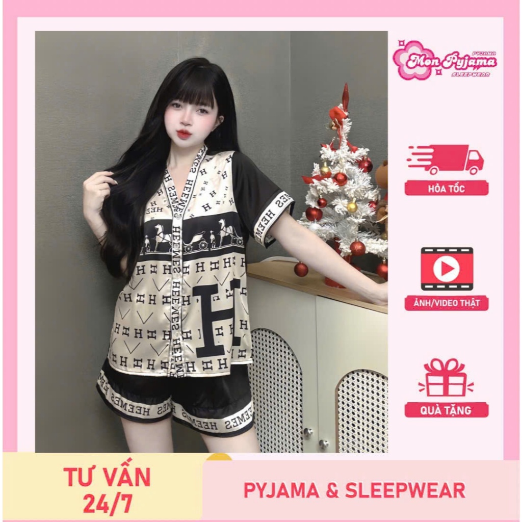 Đồ ngủ dễ thương tiểu thư,pijama lụa cổ V,đồ bộ nữ đồ mặc nhà quần đùi mát họa tiết đáng yêu [200]