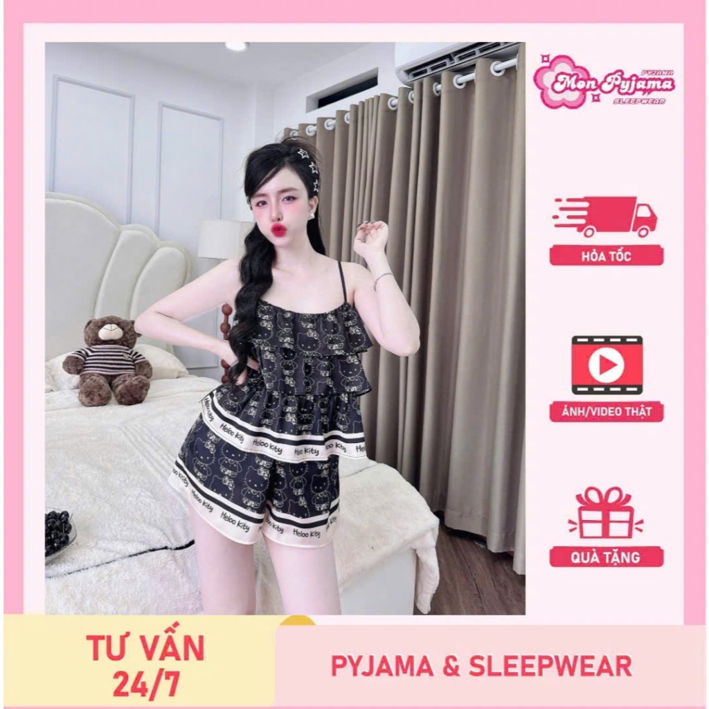 Đồ bộ ngủ dễ thương ,bộ tiểu thư ,đồ ngủ 2 dây đùi lụa Latin mềm mịn mát hoạ tiết dễ thương [120]