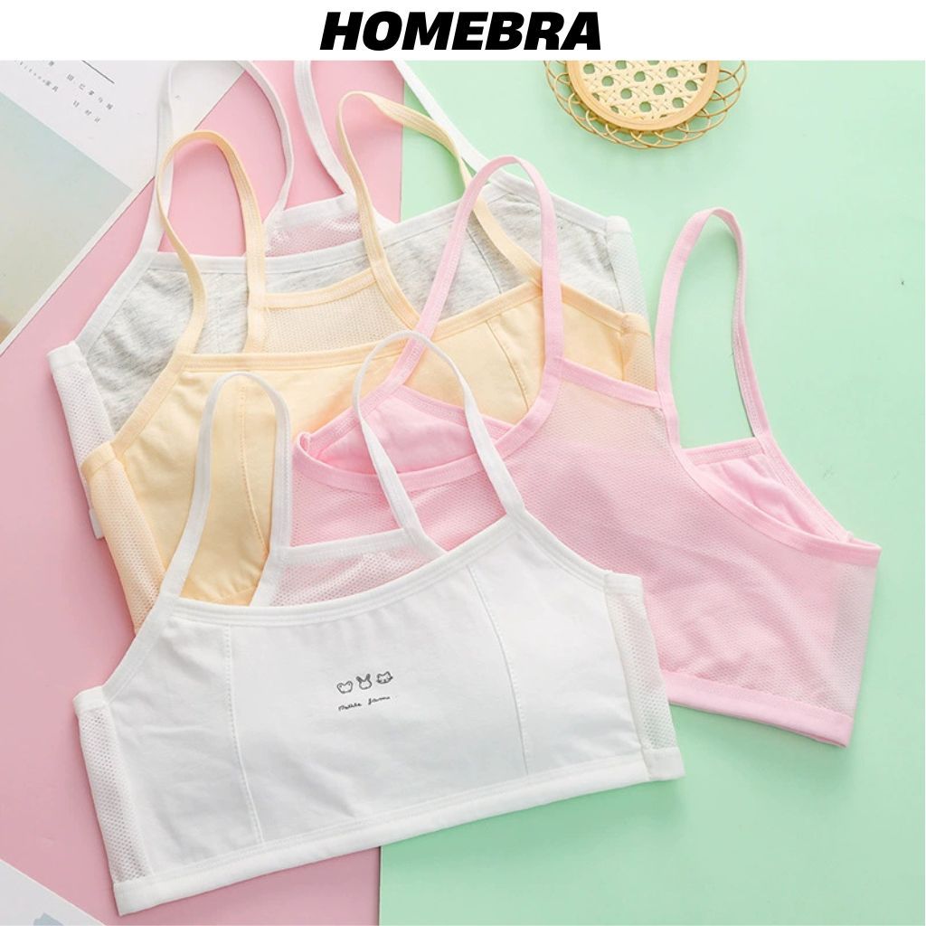 Áo lót học sinh cotton phối lưới thoáng khí co giãn tốt 2 dây mảnh họa tiết xinh xắn HOMEBRA A108