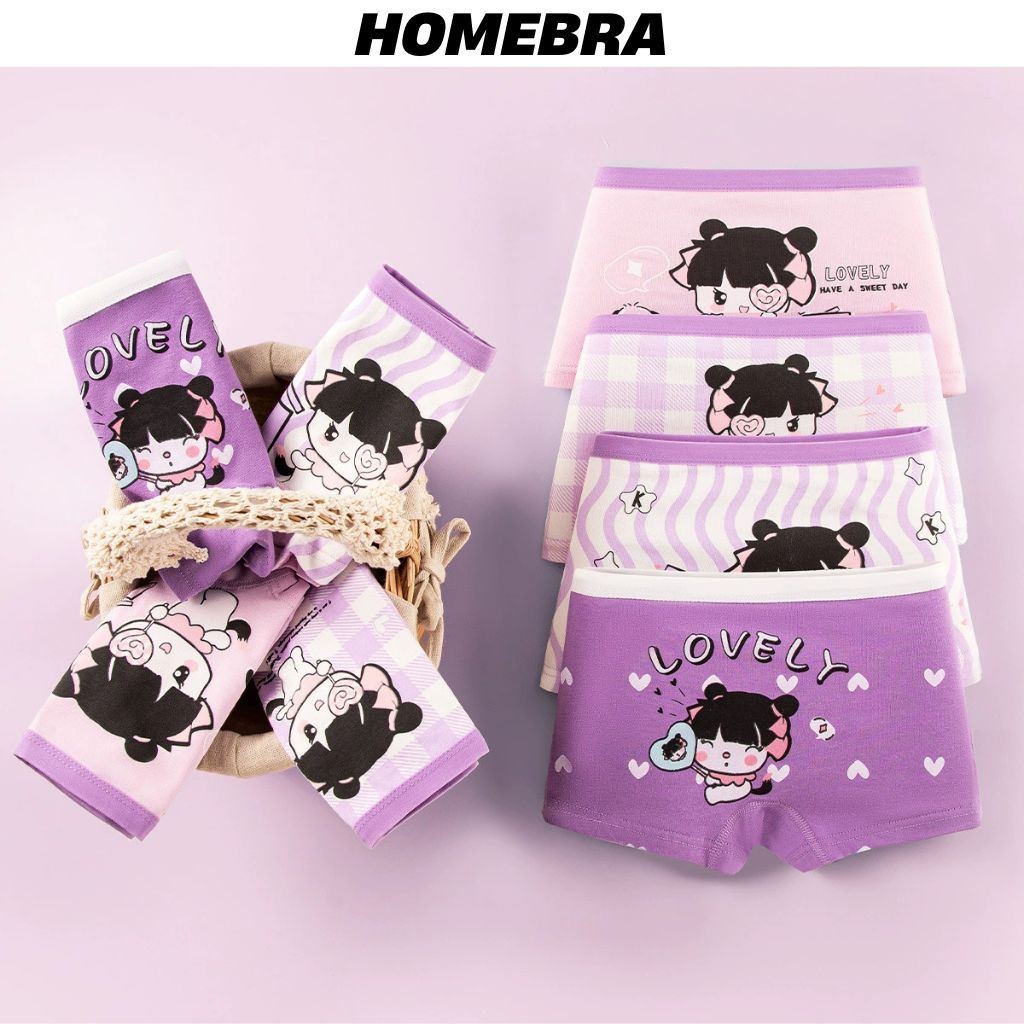 Set 4 Quần lót bé gái đùi ngắn họa tiết dễ thương - Quần chíp trẻ em chất cotton co giãn êm ái L8029