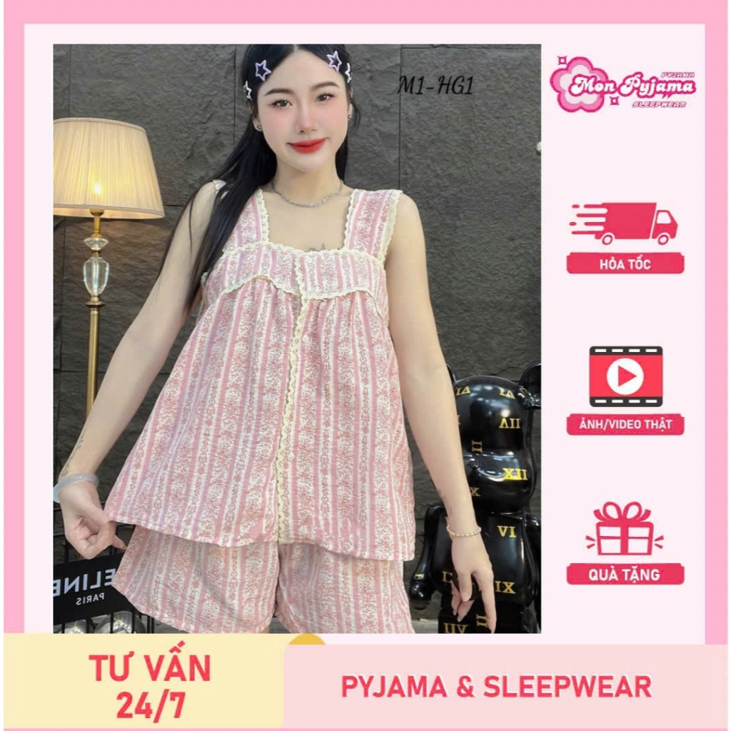 Đồ bộ nữ đồ mặc nhà,đồ ngủ dễ thương,đồ đũi cao cấp,cổ vuông viền ren quần đùi họa tiết hottrend[320]