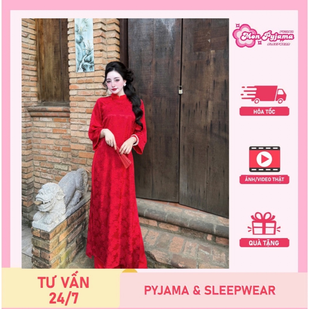 [SẴN HÀNG-HỎA TỐC]Set áo dài nữ Tết thiết kế hiện đại chất liệu gấm in họa tiết tay lỡ(Size 40-52kg)