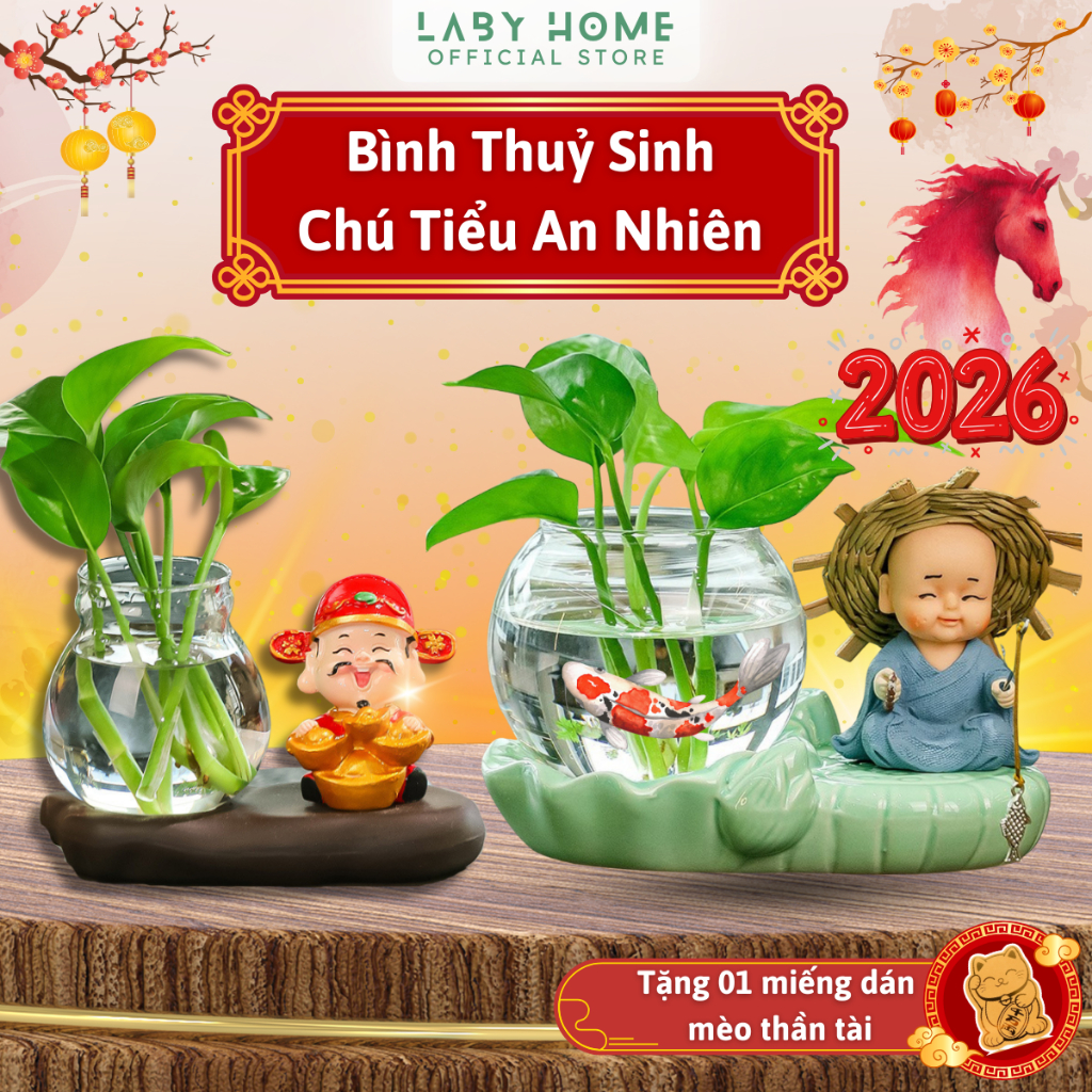 Combo Bình Thuỷ Canh Để Bàn Decor Thanh Tịnh, Tượng Chú Tiểu Kèm Bình Và Đế Trang Trí Bàn Làm Việc