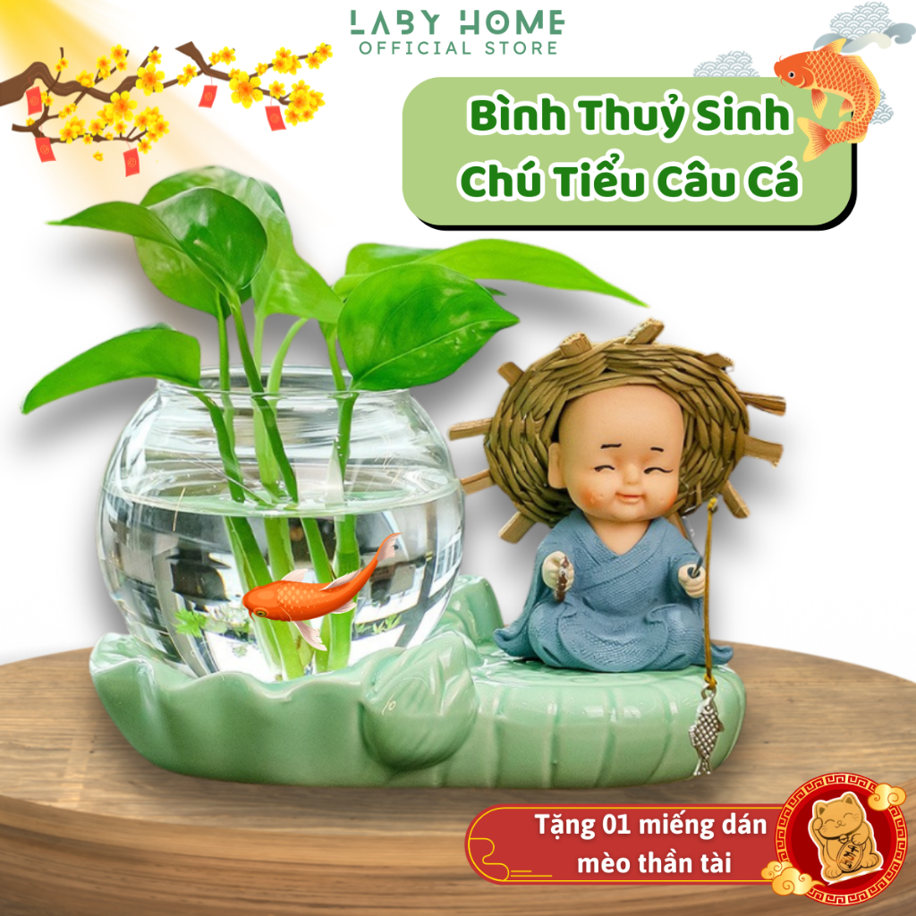Chú Tiểu Câu Cá Kèm Bình Thủy Canh 8CM – Combo Trang Trí Phong Thủy Ý Nghĩa