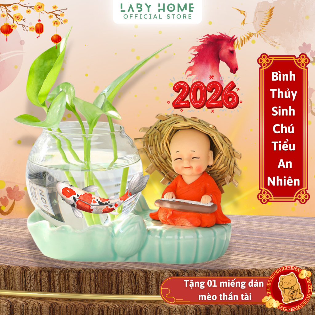 Combo Bình Thuỷ Canh Chú Tiểu Đội Nón Rơm Kèm Đế Tráng Men Cao Cấp, Lọ Thuỷ Sinh Chú Tiểu Tứ Không