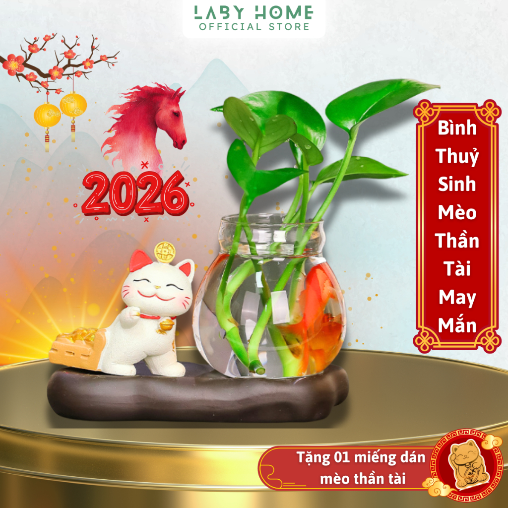 Bình Thuỷ Canh Để Bàn Trang Trí Kèm Tượng Mèo Chiêu Tài, Lọ Thuỷ Sinh Có Đế Và Tượng Decor Thư Giãn