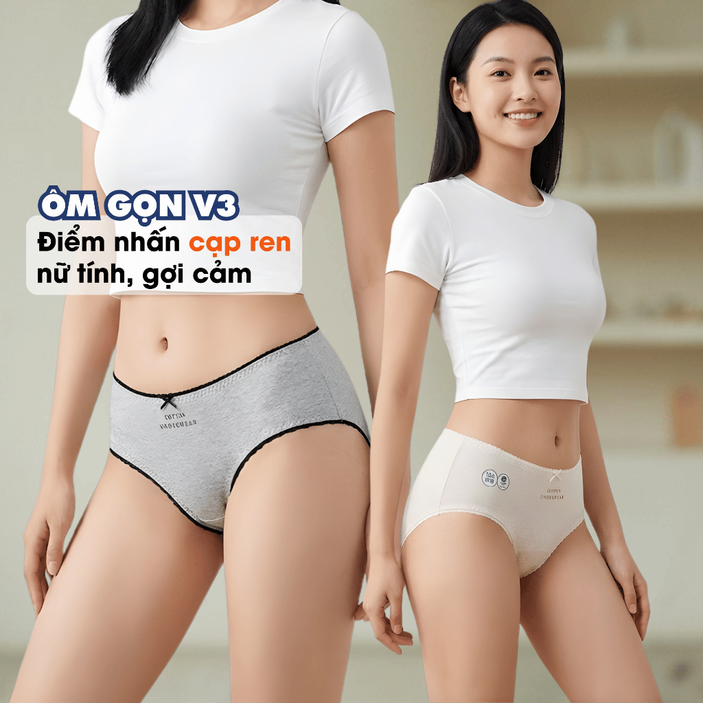Combo Quần Lót Nữ Cotton Cạp Vừa Phối Ren, Set Quần Chip Đáy May Kháng Khuẩn Thoáng Khí AMYBRA L5210