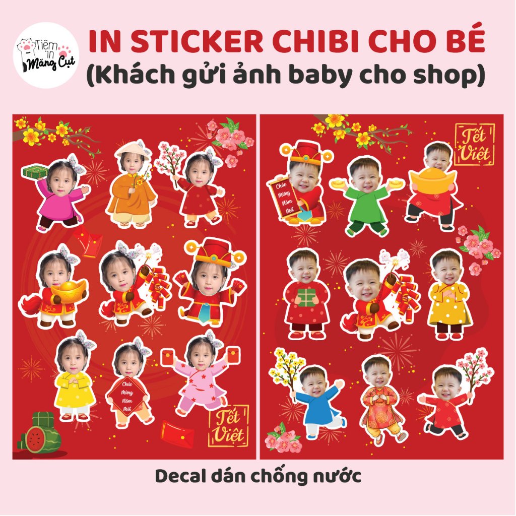In Sticker Bé Du Xuân Chúc Tết Chibi Theo Yêu Cầu Decal Chống Nước 100%