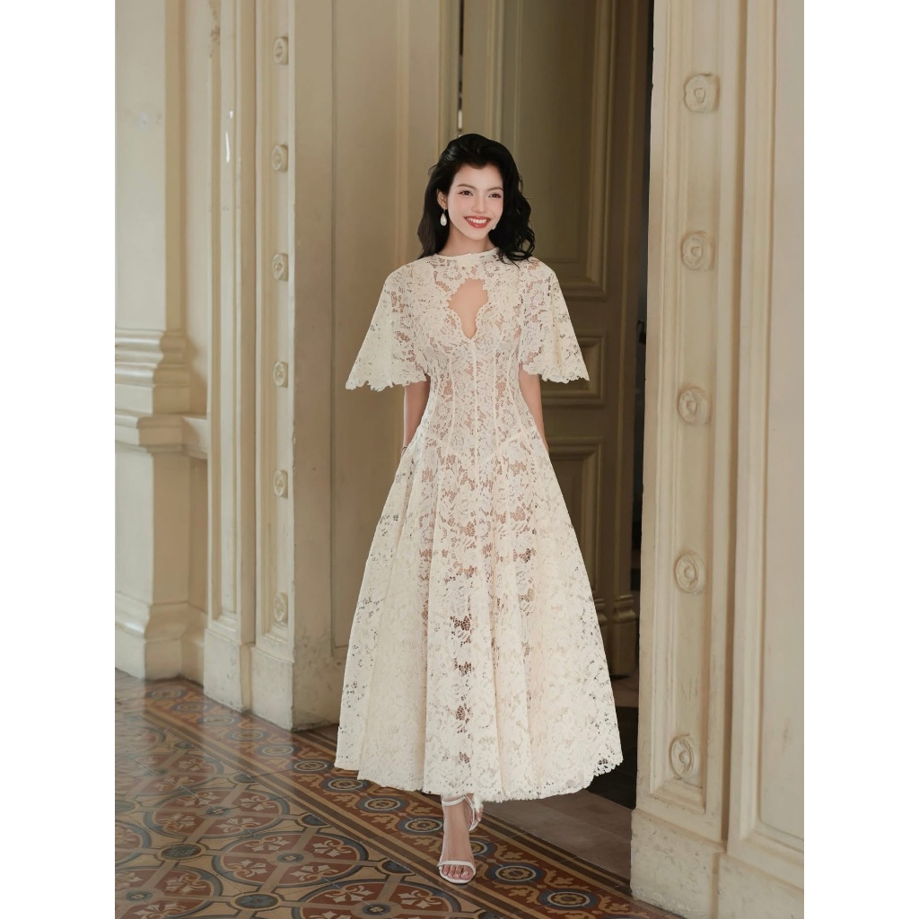 (UnihomePREMIUM) 10-Piece V-Neck Lace Maxi Dress Set with Lace Robe for Luxurious Party (BigSize Ava