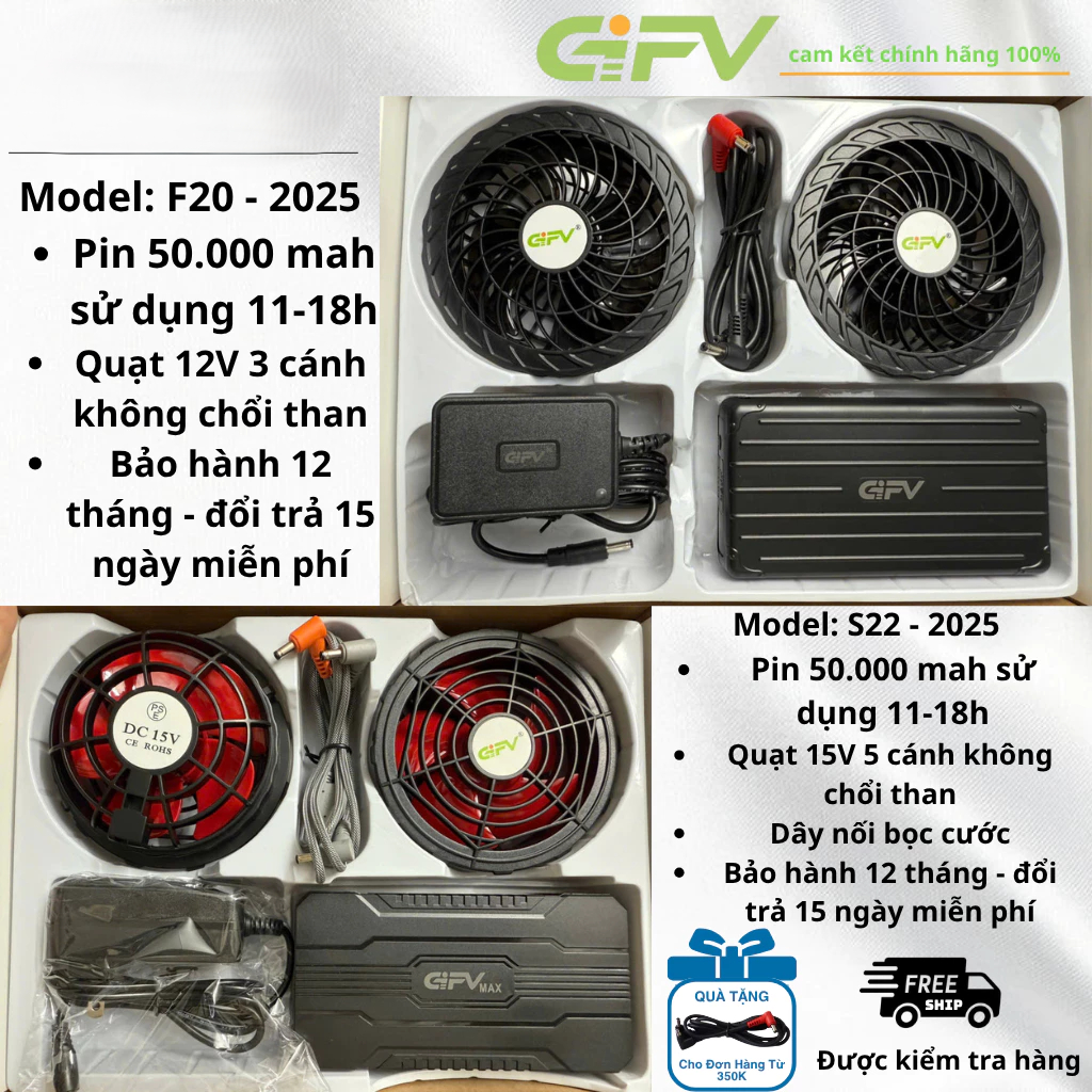 Bộ Phụ Kiện Áo Điều Hòa GIFV Chính Hãng Pin 50.000 MAH Quạt Không Chổi Than Hoạt Động Từ 12-18 Tiếng