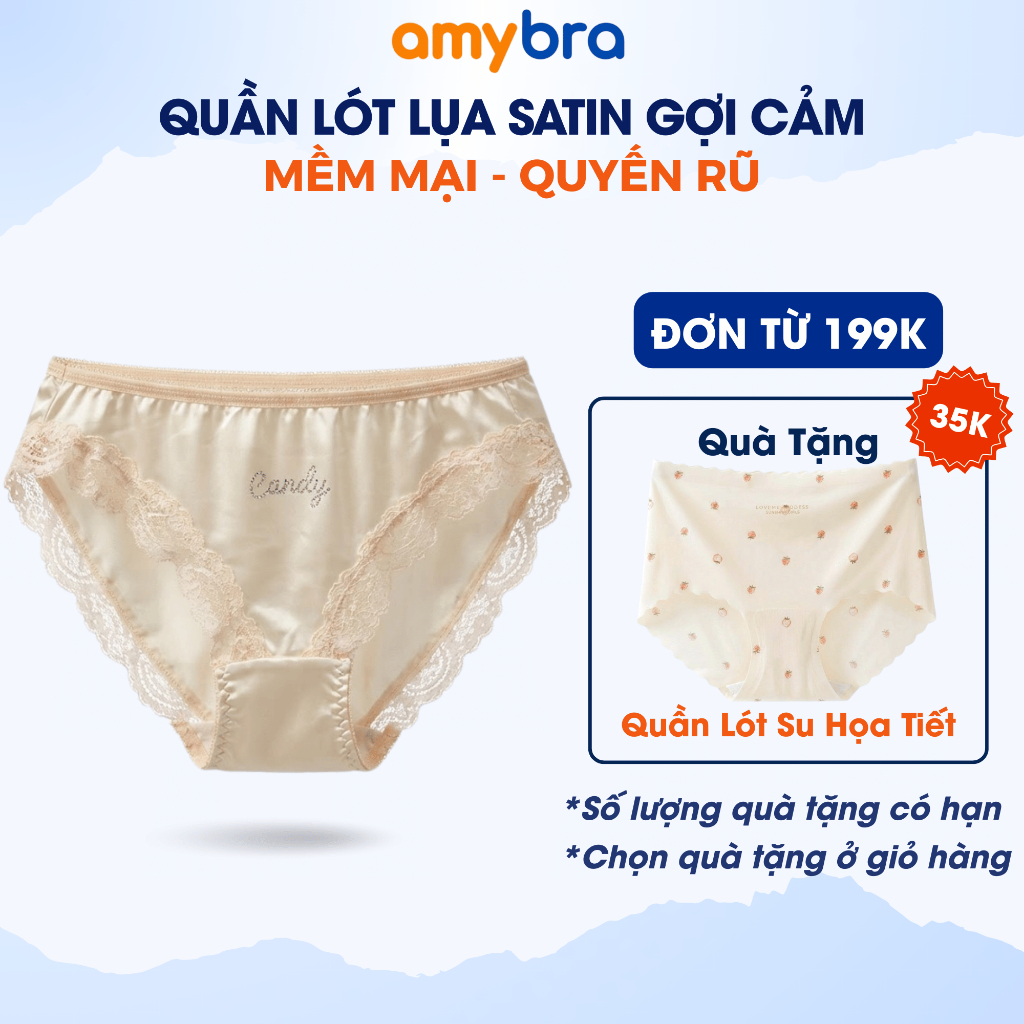 [ MẪU MỚI ] Quần Lót Nữ Lụa Satin Phối Viền Ren Gợi Cảm, Quần Chip Nữ Đính Đá Cá Tính AMYBRA L8889