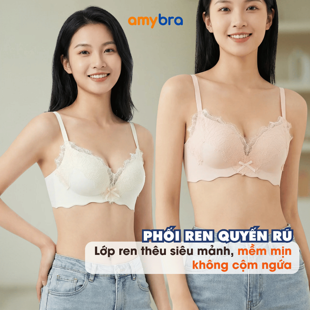[ MẪU MỚI ] Áo Ngực Không Gọng Đúc Su Phối Ren Quyến Rũ, Áo Lót Nữ Mút Vừa Gọm Quả Nâng Ngực Tự Nhiên AMYBRA A1849